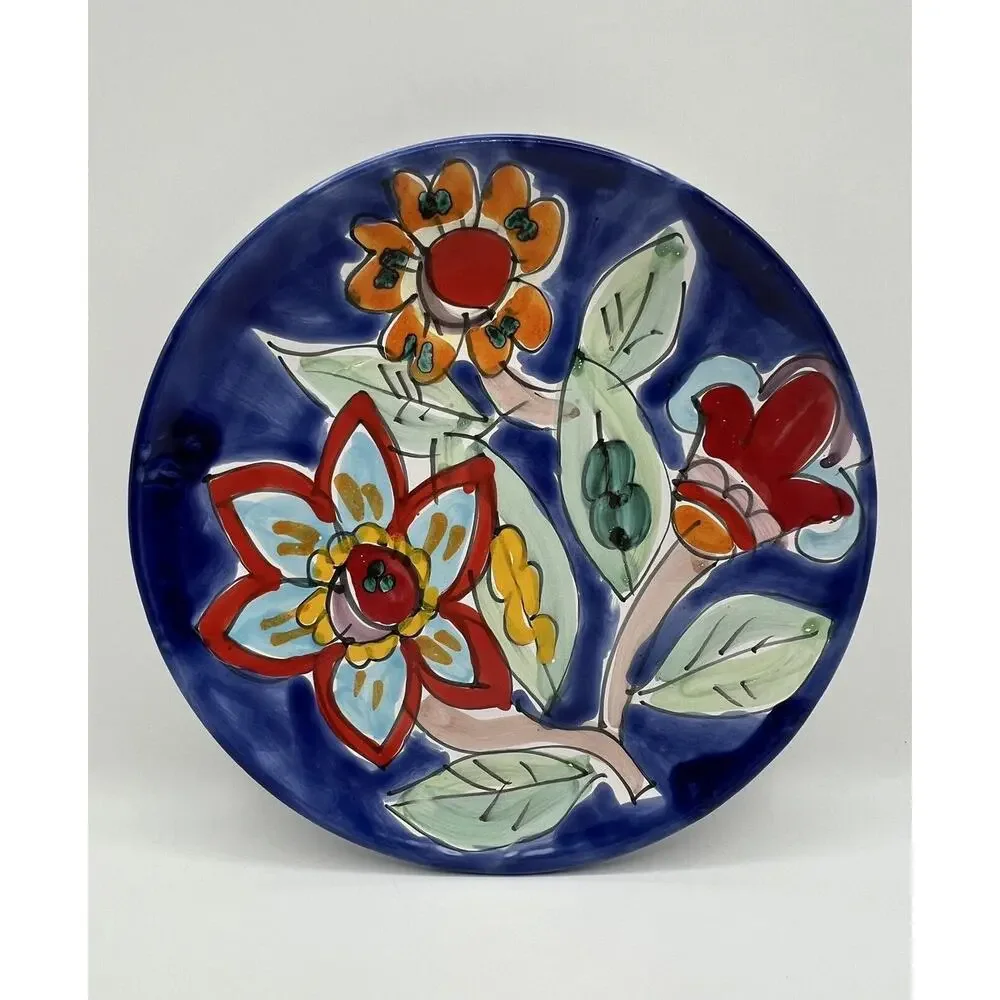 Hand Painted Blue Floral 10” Plate Made in Italy for Macy's Colorful Flowers